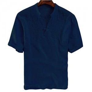 utcoco Men's Retro Frog Button V-Neck Embroidery Linen Henley Shirts Short Sleeve