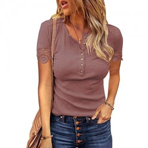 WAYMAKER Womens V Neck Henley Shirt Ribbed Lace Long Sleeve Button Down Tshirt Causal Blouse Tops