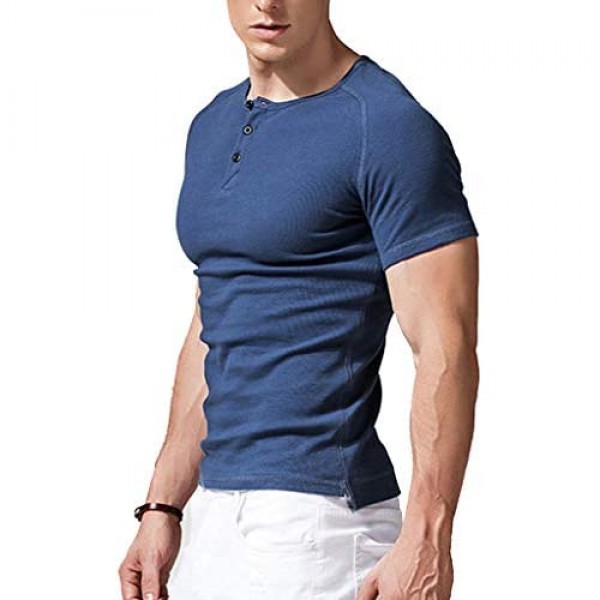 Wiekose Mens Fashion Slim Fit Basic Henley Short Sleeve Summer T-Shirt Cotton Muscle Sport Button Shirts