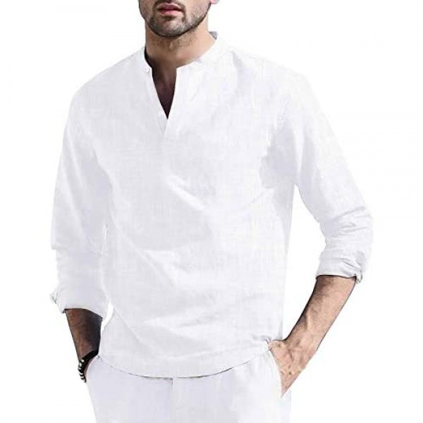 Zwirelz Men's Cotton Linen Henley Shirt 3/4 Sleeve Hippie Casual Beach Loose Yoga T Shirts Casual Button Up Plain T-Shirt