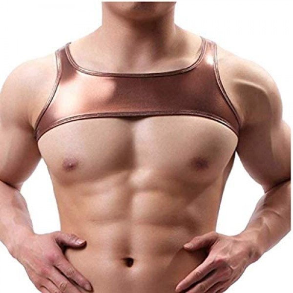ACSUSS Mens Shiny Metallic Sleeveless Shoulder Chest Strap Harness Muscle Half Tank Top