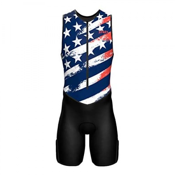 Sparx Mens Premium Triathlon Suit Padded Triathlon Tri Suit Race Suit Swim Bike Run (US Flag L) Black