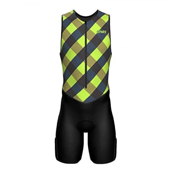 Sparx Mens Premium Triathlon Suit Padded Triathlon Tri Suit Race Suit Swim Bike Run (Green Checks 2XL)