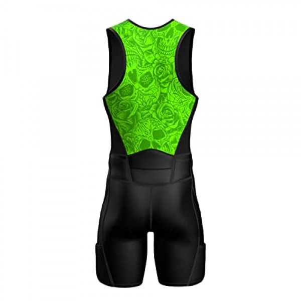Sparx Mens Premium Triathlon Suit Padded Triathlon Tri Suit Race Suit Swim Bike Run (Green Skulls L)