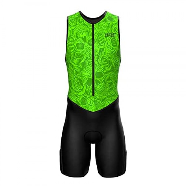 Sparx Mens Premium Triathlon Suit Padded Triathlon Tri Suit Race Suit Swim Bike Run (Green Skulls M)