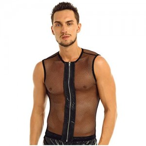 TiaoBug Men's See-Through Mesh Sleeveless Fishnet Zipper Muscle Vest T-Shirt