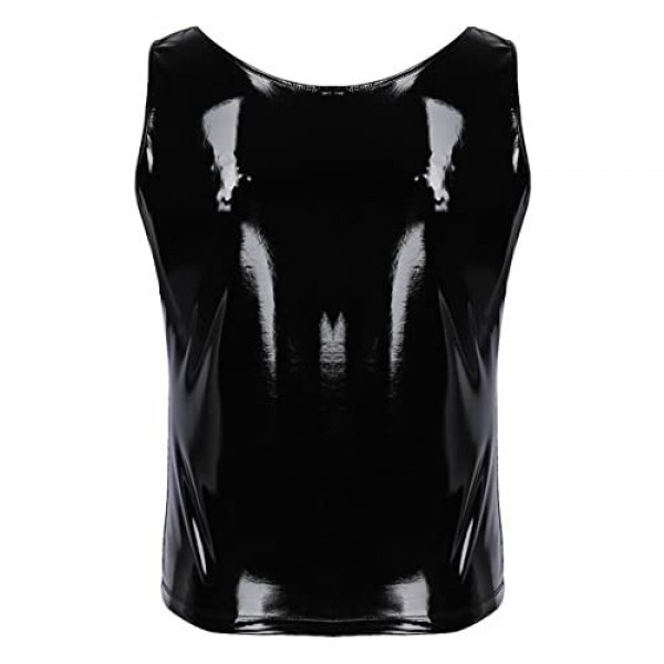 winying Mens Shiny Metallic Faux Leather Sleeveless Tank Top Vest Muscle Tight T-Shirts Crop Tops Clubwear