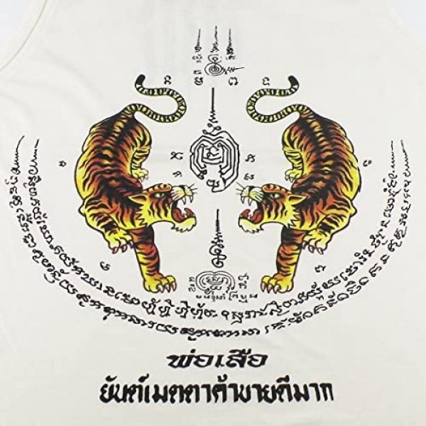 Work 5 Lines Sak Yant Tattoo Yantra Tiger Muay Thai Tank Top Men White WK-T15 Size Large