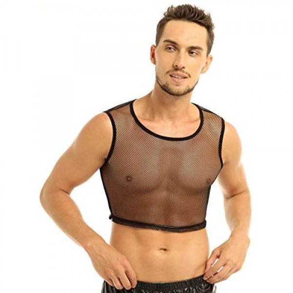 Yanarno Men's Sleeveless Mesh T Shirt Transparent Solid Casual Crop Tops Breathable T-Shirts