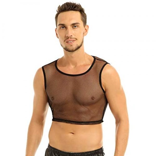Yanarno Men's Sleeveless Mesh T Shirt Transparent Solid Casual Crop Tops Breathable T-Shirts