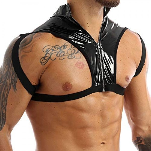 YOOJOO Mens Patent Leather Round Neck Sleeveless Shoulder Chest Harness Stretchy Muscle Crop Tops