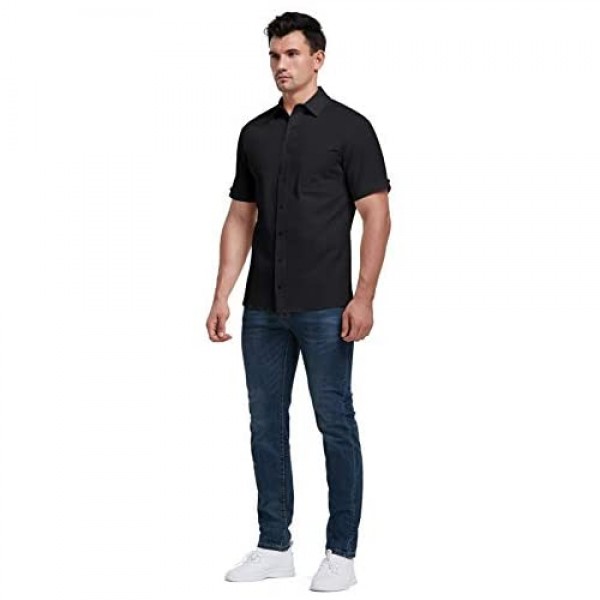 Aimeilgot Mens Long/Short Sleeve Shirts Linen Casual Button Down Tees Spread Collar Plain Shirts