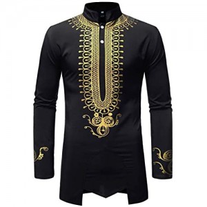 LucMatton Men's Traditional African Luxury Metallic Gold Printed Dashiki Shirt