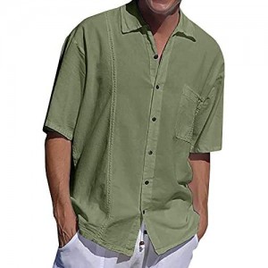 Mens Linen Cuban Guayabera Shirt Short Sleeve Casual Summer Lightweight Beach Loose Fit Tops
