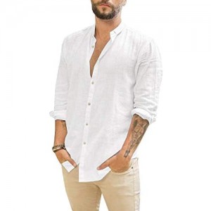 Mens Linen Shirts Long Sleeve Casual Button Up Loose Fit Beach Summer Shirts