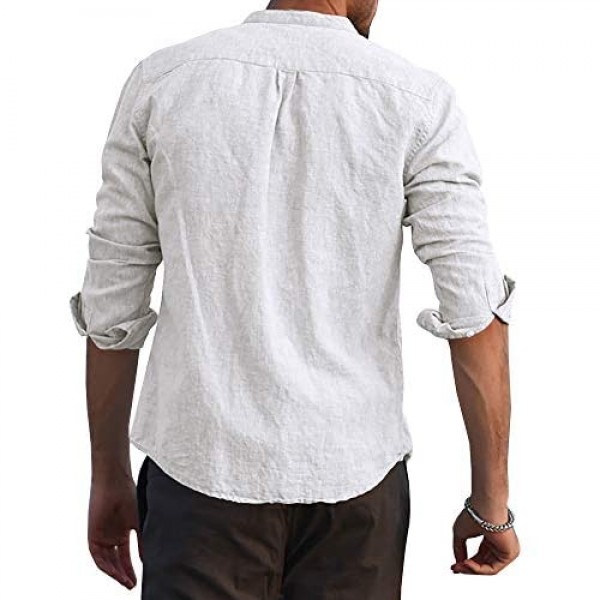 Taoliyuan Mens Linen Long Sleeve Shirts Button Down Mandarin Collar Casual Regular Fit Dress Shirts