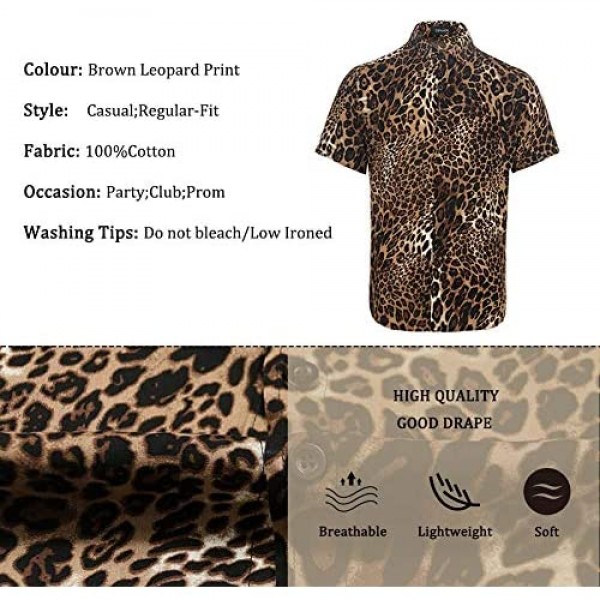 UPAAN Men's Leopard Printed Disco Shirts Short Sleeve Button Down Casual Shirt